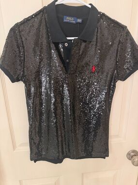 Ralph Lauren Polo Black Sequin Short Sleeve Polo with Red Pony
